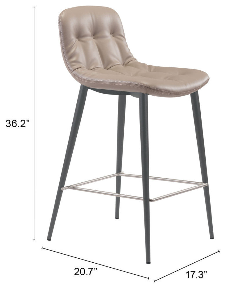 Counter Stool Chair, Set of 2, Faux Vinyl Leather, Steel, Taupe, Dark Gray