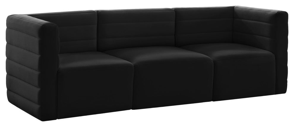 Quincy Velvet Upholstered 3-Piece Modular Sofa, Black