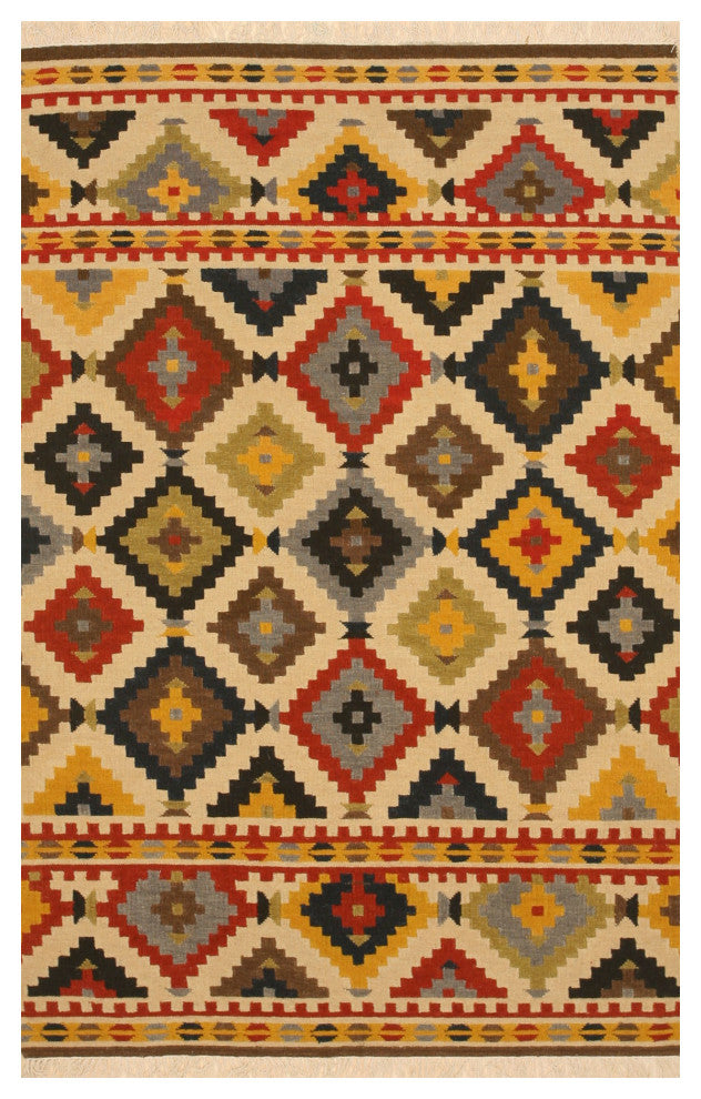 Handwoven Wool Ivory Traditional Geometric Kilim Rug, 9'x12'