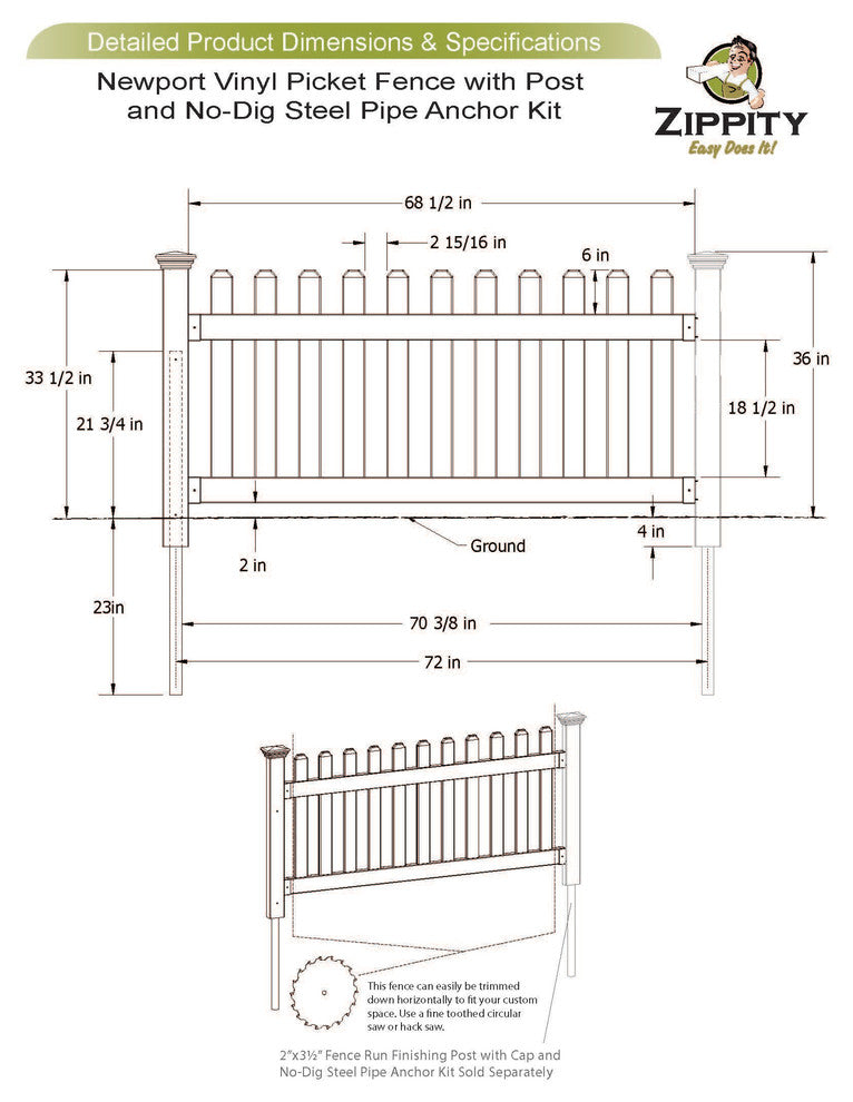 36" High No-Dig Newport Vinyl Permanent Picket Yard Fence