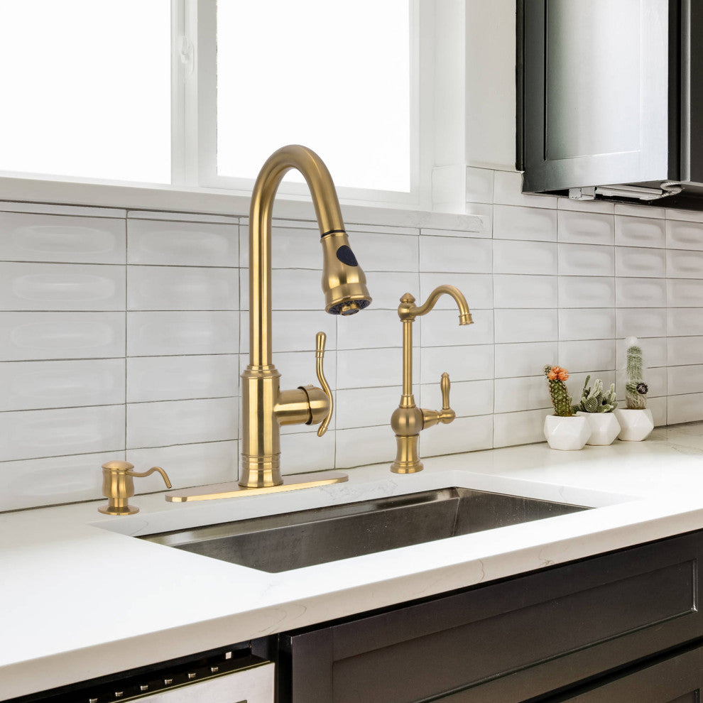 Copper Pull Down Kitchen Faucet, Single Level Solid Brass Kitchen Sink Faucets, Brushed Gold