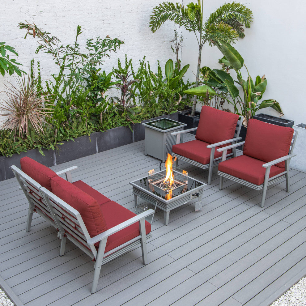 LeisureMod Walbrooke Gray Patio Conversation Set With Fire Pit, Red