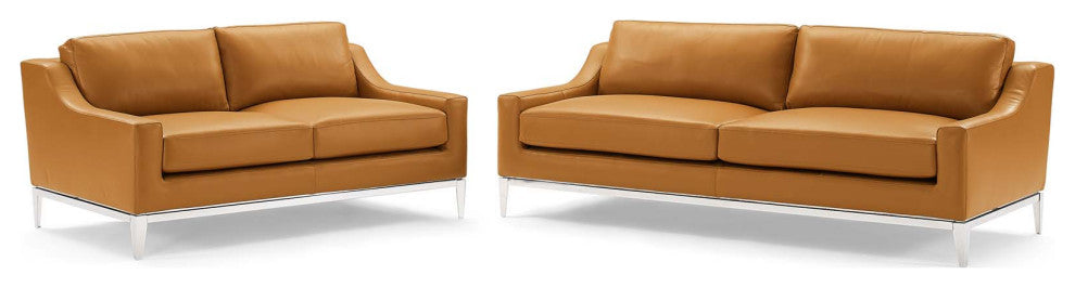 Loveseat and Sofa Set, Leather, Tan, Modern, Living Lounge Hotel Hospitality
