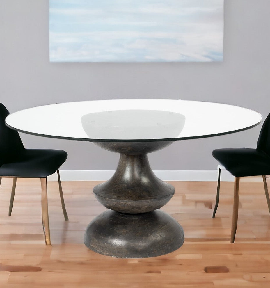 60" Clear Brown Rounded Glass Solid Manufactured Wood Pedestal Base Dining Table