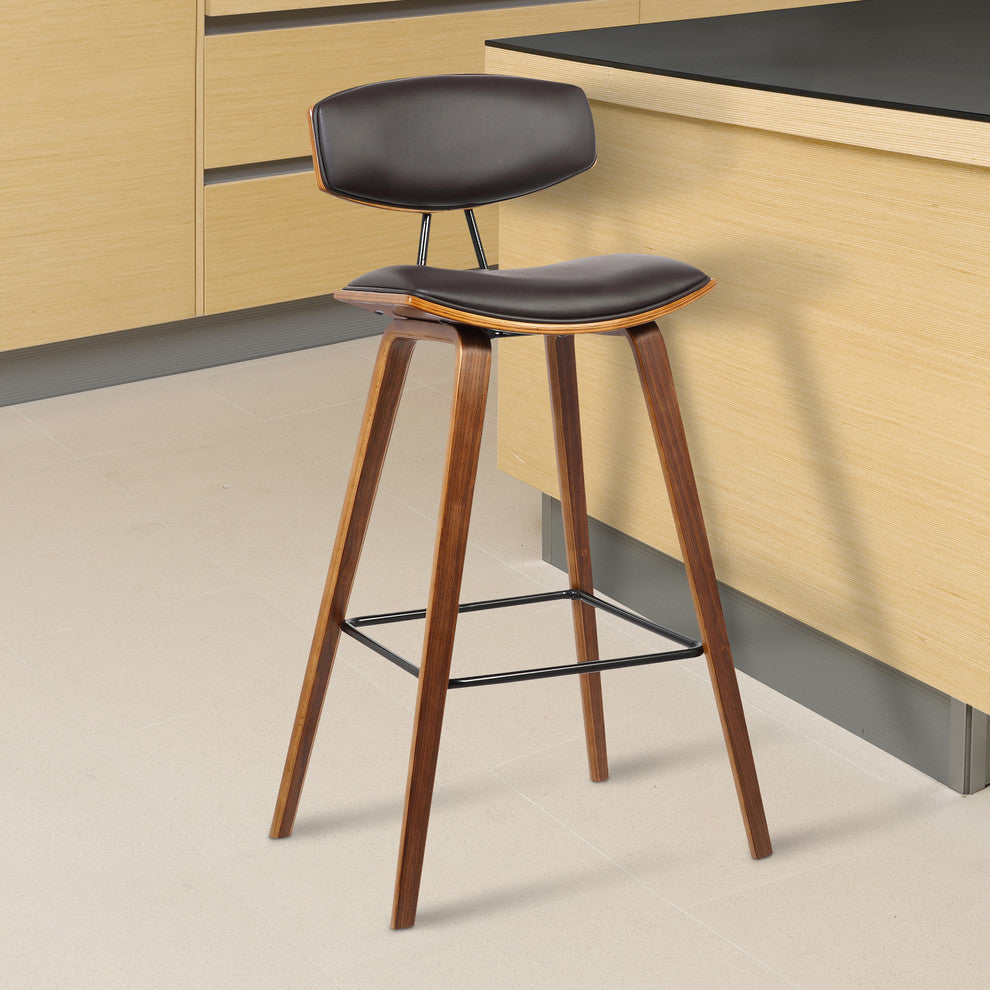 Fox Mid-Century Walnut Wood Bar Stool, Brown, Bar Height