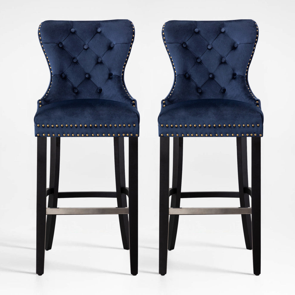 WestinTrends 2PC 29" Wingback Diamond Tufted Glam Velvet Bar Stool Set, Black, Velvet Navy Blue