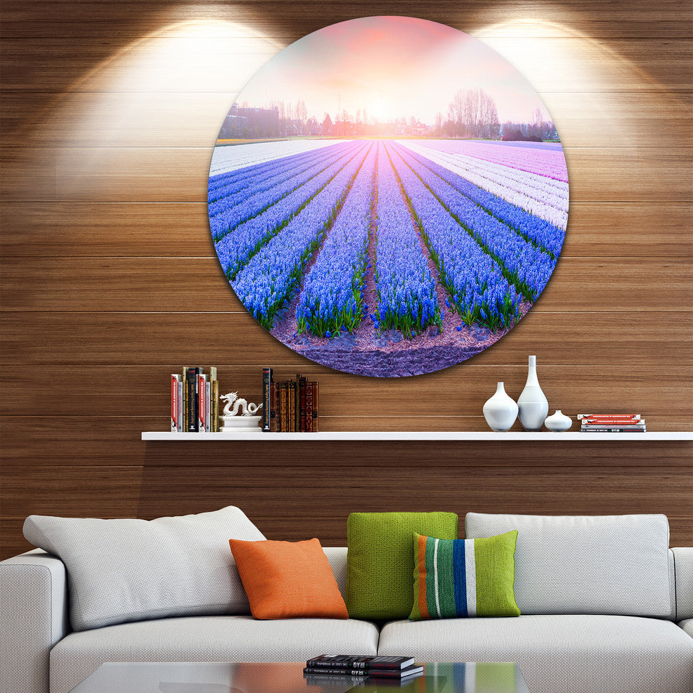 Field Of Blooming Hyacinth Flowers, Disc Metal Wall Art, 11"