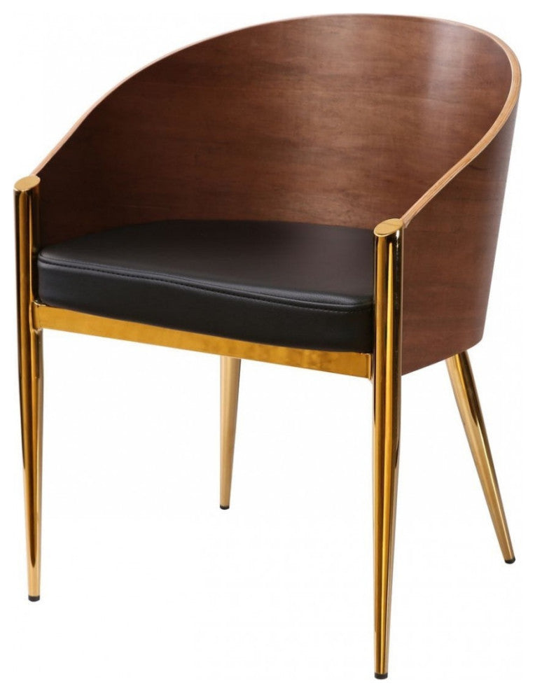 28" Modern Walnut Black and Gold Stylish Faux Leather Accent Chair