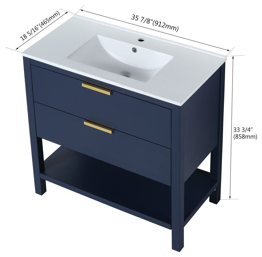 BNK 36" Freestanding Bathroom Vanity With 2 Soft-Close Drawers, 1 Shelf, 36"x18"