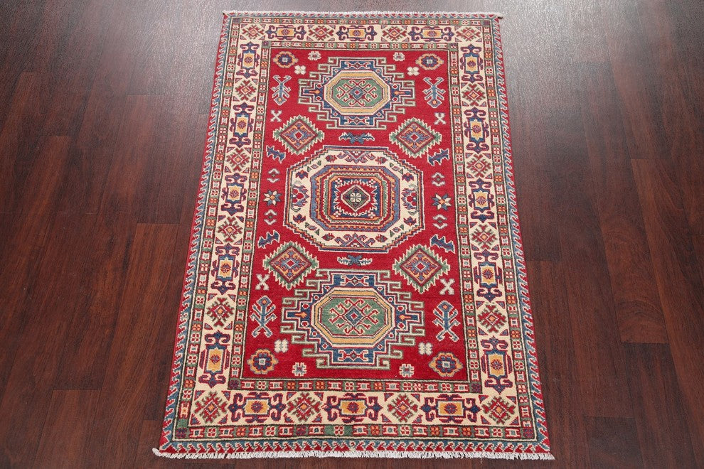 Hand-Knotted Oriental Pakistani Kazak Traditional Area Rug Wool, Red, 5'1"X3'3"
