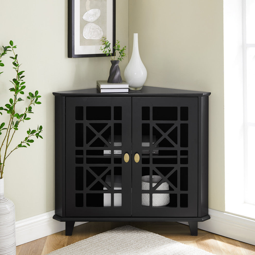 Gwen Fretwork Corner Accent Cabinet - Black