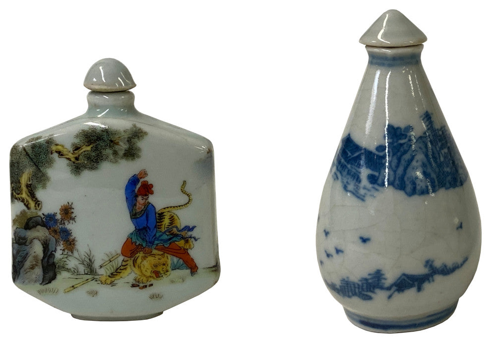 Set of 2 Chinese Porcelain Snuff Bottle Blue White Color Scenery Graphic Hws2457