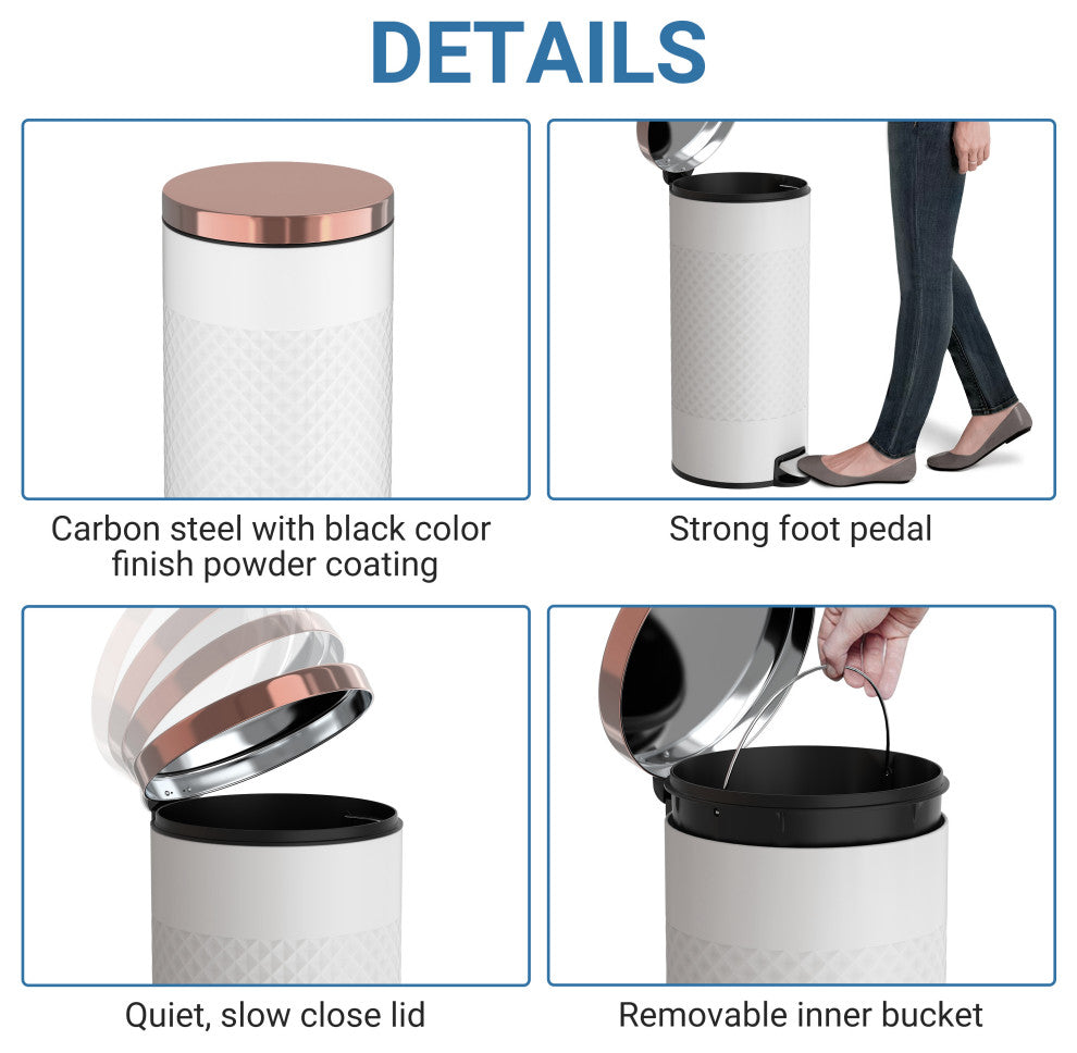 8 Gal White Metal Round Shape Step-on Trash Can with Diamond Body