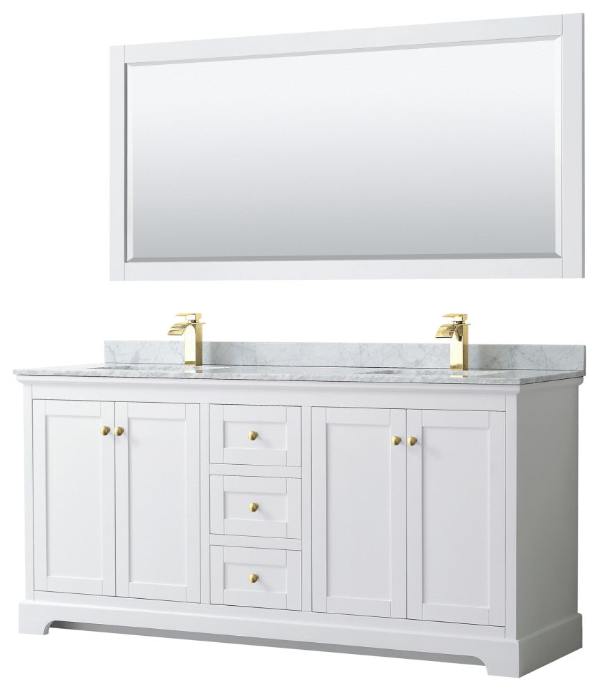 72"DBL Bath Vanity White, Carrara Countertop, Sinks, 70" Mirror, Gold Trim