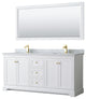 72"DBL Bath Vanity White, Carrara Countertop, Sinks, 70" Mirror, Gold Trim