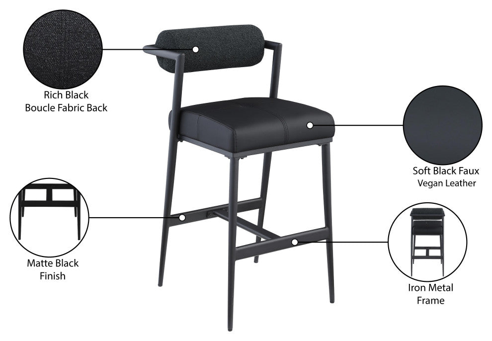 Stryker Boucle Fabric and Faux Leather Stool, Set of 2, Black