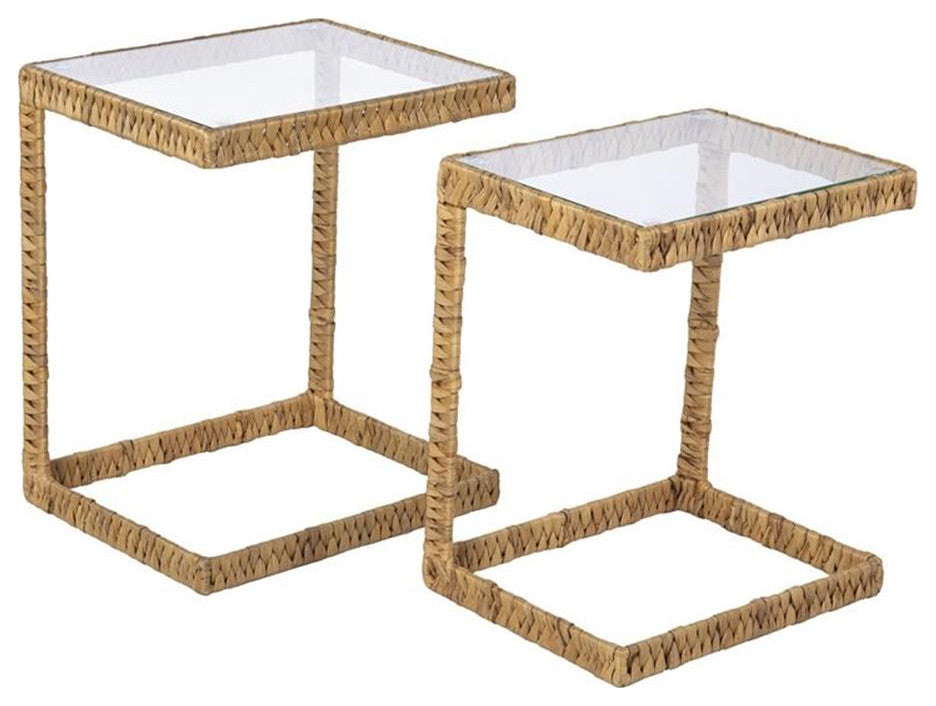 Maklaine Transitional Rattan C-End Table in Natural (Set of 2)
