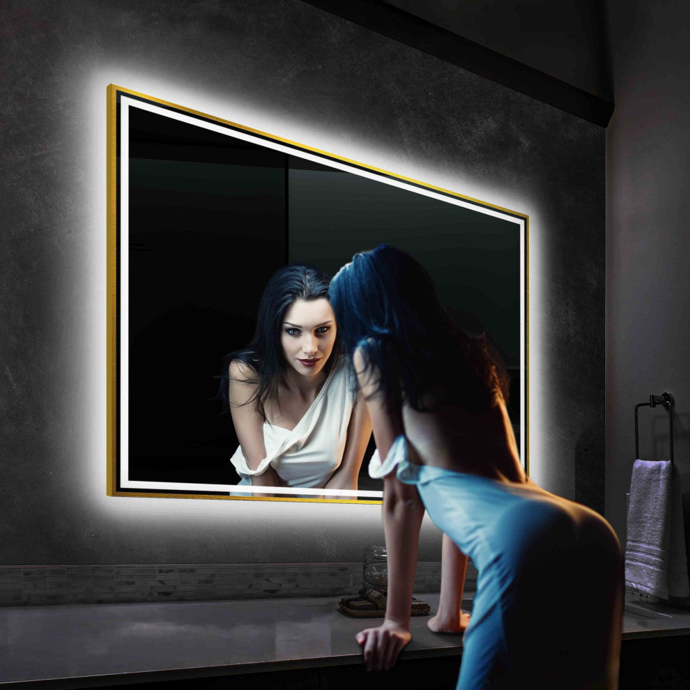 Fogless, Dimmable, Color Temperature Adjustable LED Mirror, Brush Gold, 48x36