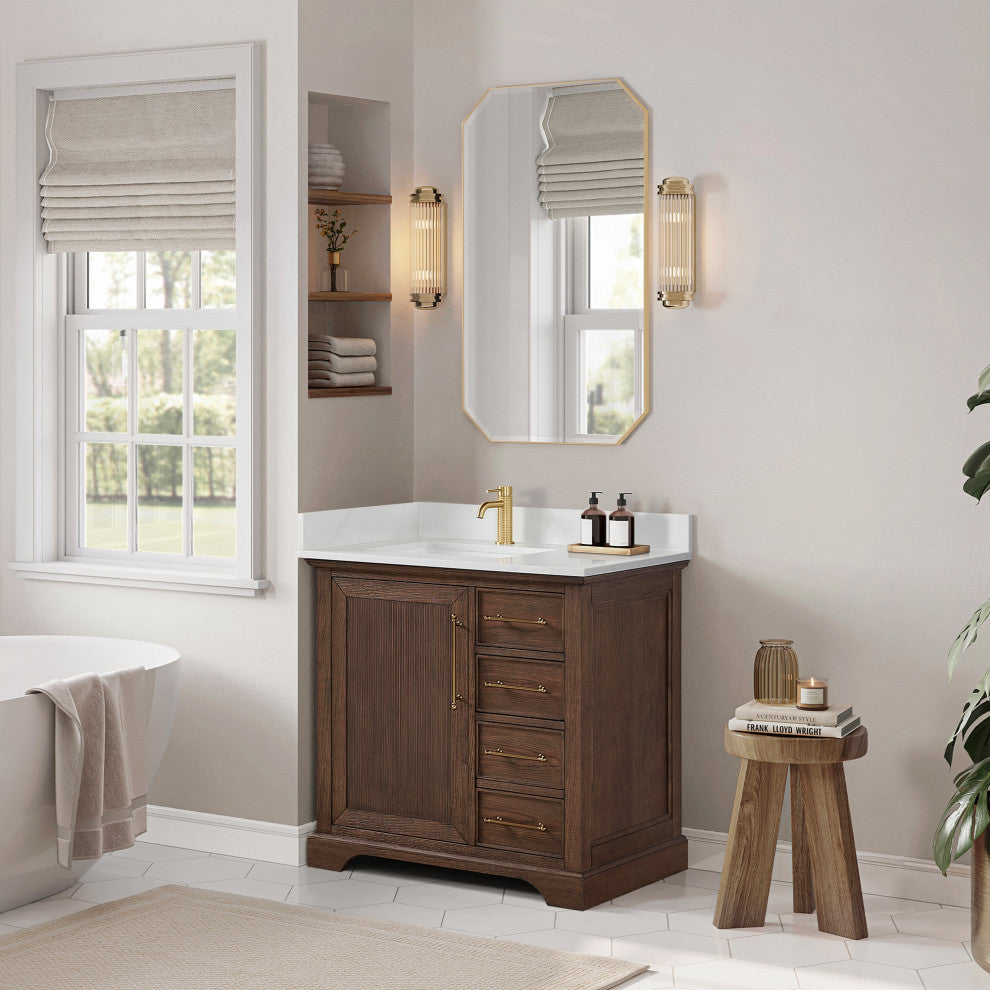Tokyo Bath Vanity, Quartz Top No Mirror, Dark Brown Oak, 36", Single Vanity