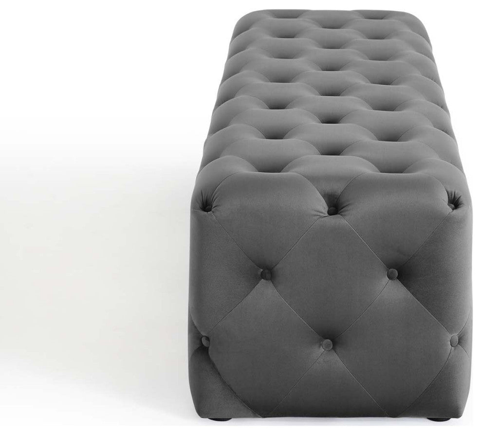 Tufted Accent Chair Bench, Velvet, Gray, Modern, Living Lounge Hospitality
