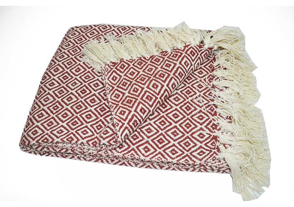 Diamond Pattern Cotton Throw With Fringed Ends, Rust-Ivory