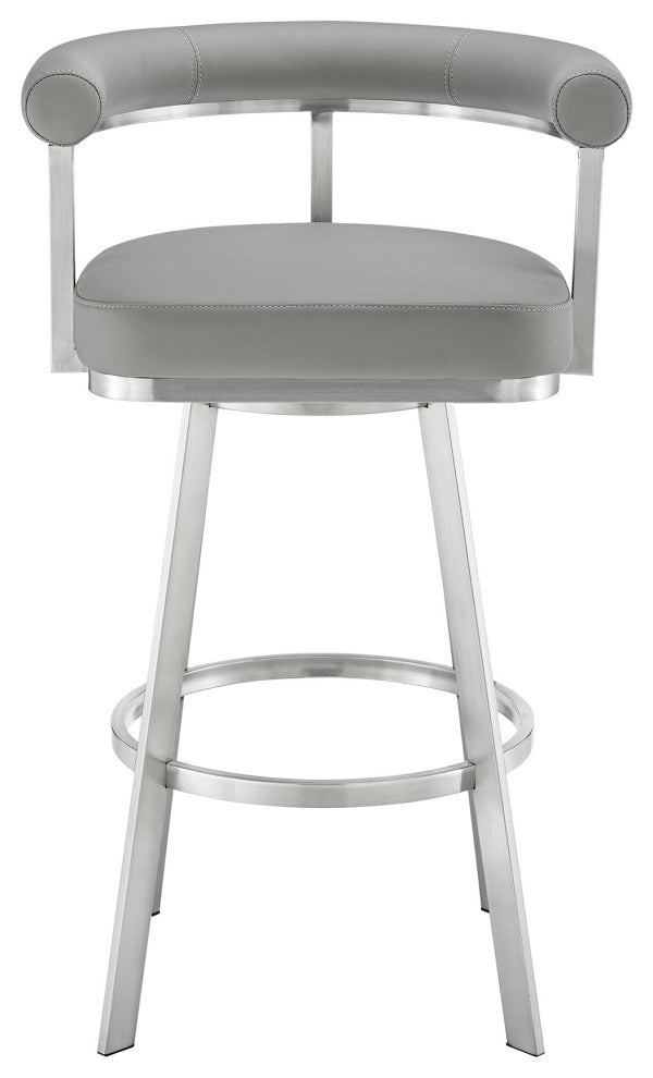 Nolagam Swivel Bar Stool, Brushed Stainless Steel With Light Gray Faux Leather