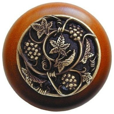 Grapevines Wood Knob, Antique Brass, Cherry Wood Finish, Antique Brass