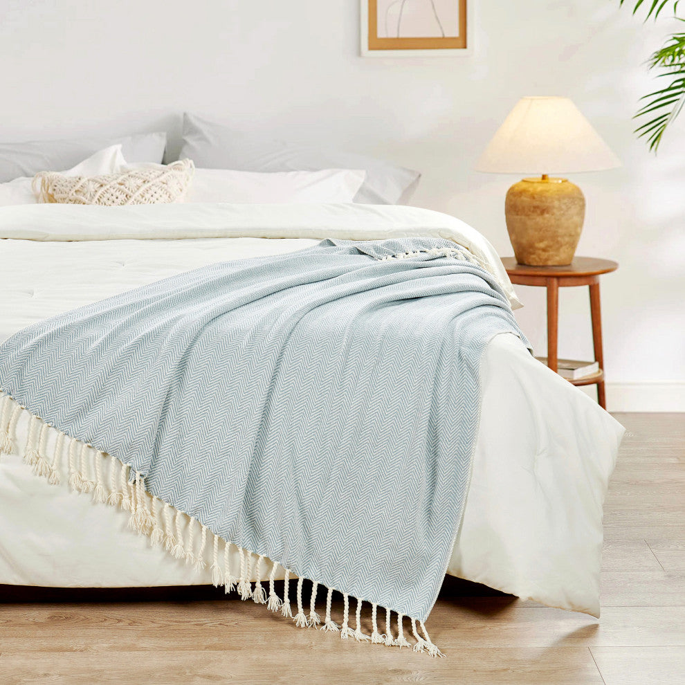 Chevron Knit Woven Throw Blanket, Silver Blue