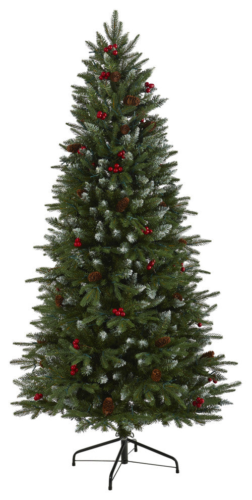 6' Snow Tipped Portland Spruce Faux Xmas Tree W/ Berries & Pinecones W/Lights