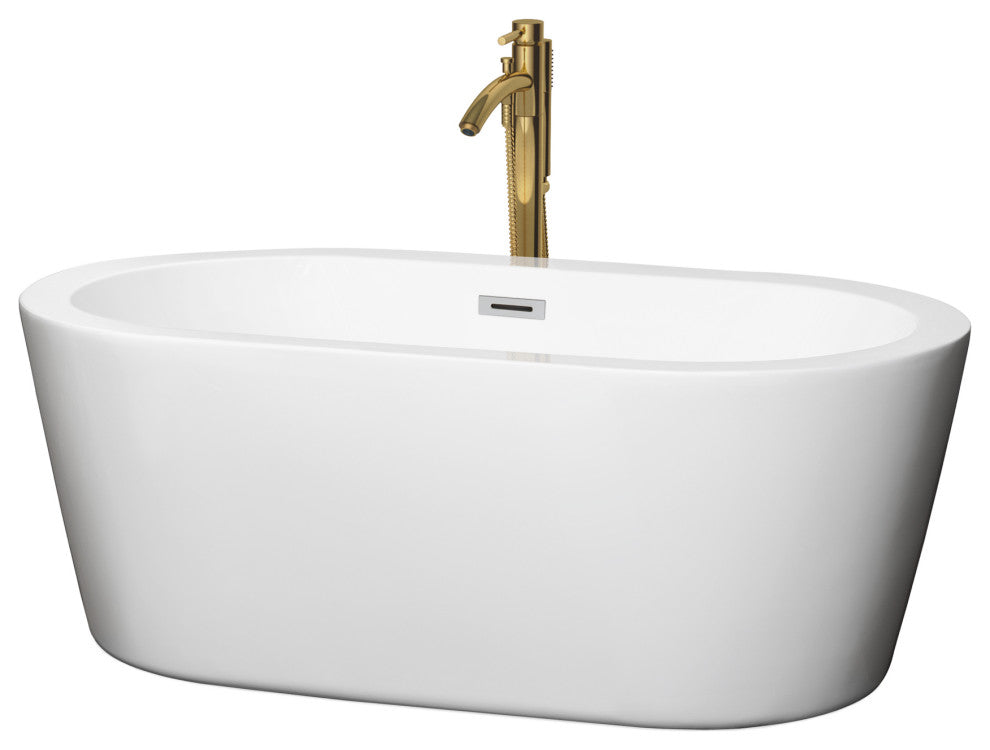 60" Freestanding Bathtub, White, Chrome Trim, Floor Mounted Faucet, Gold