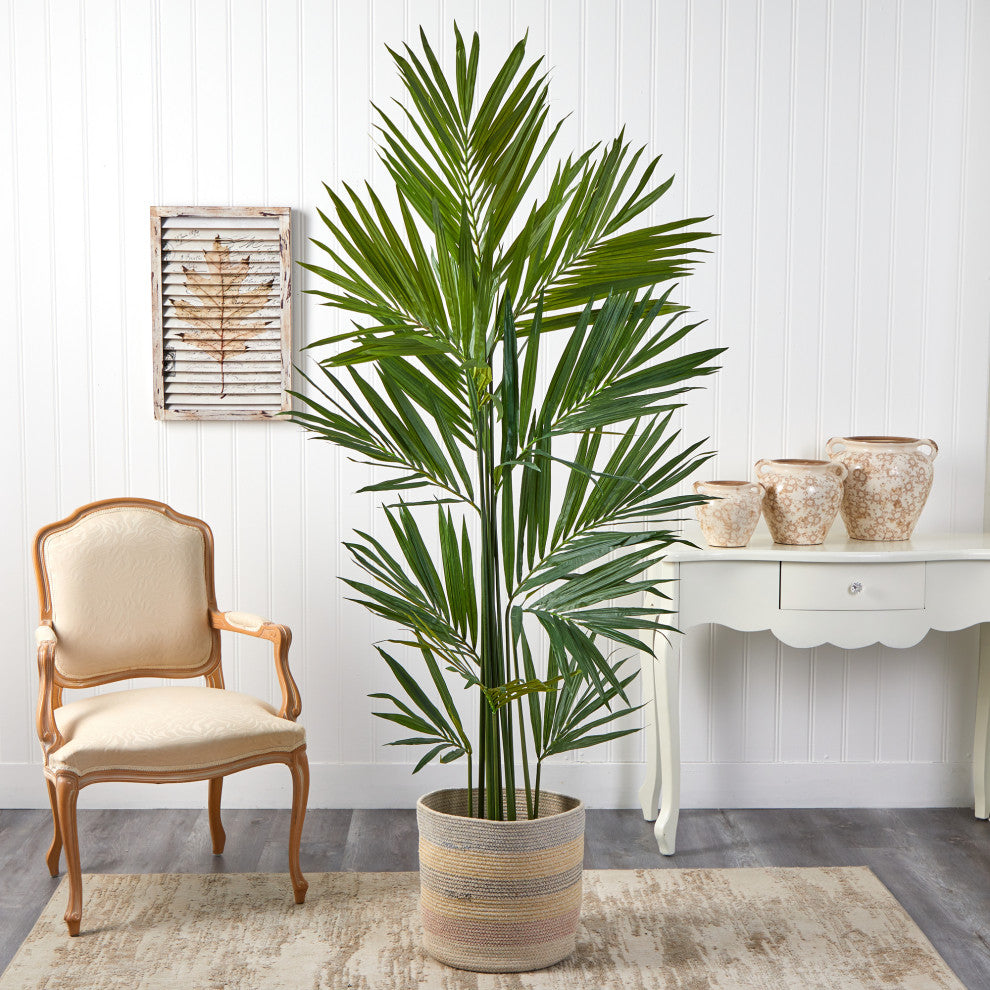 7' Kentia Artificial Palm in Handmade Natural Cotton Multicolored Woven Planterr