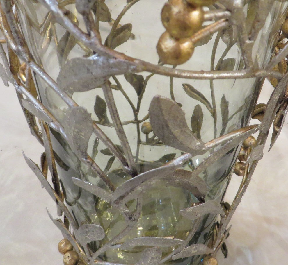 Tall 8" Leaf Berry Pillar Candle Holder, Metal Hurricane Leaves Branches