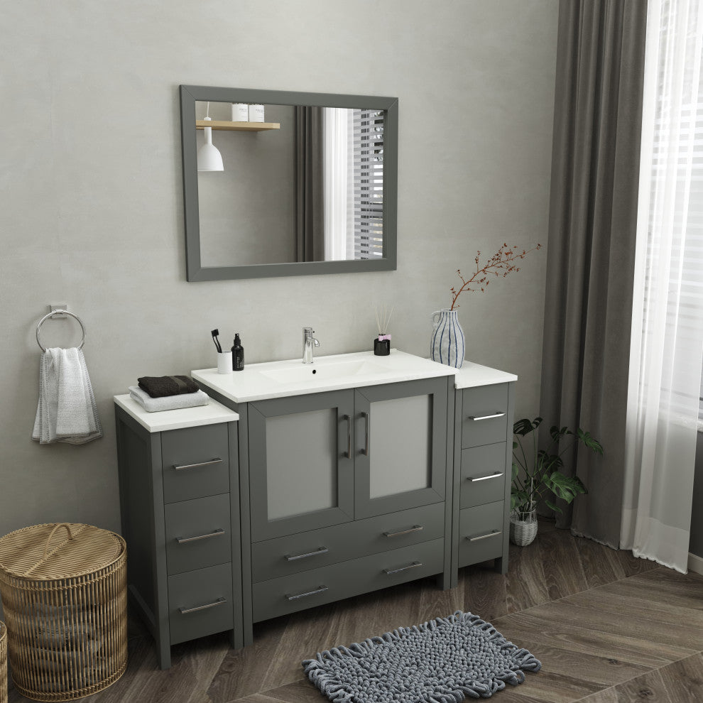 Vanity Art Single Vanity Set With Ceramic Top, 60", Gray, Standard Mirror
