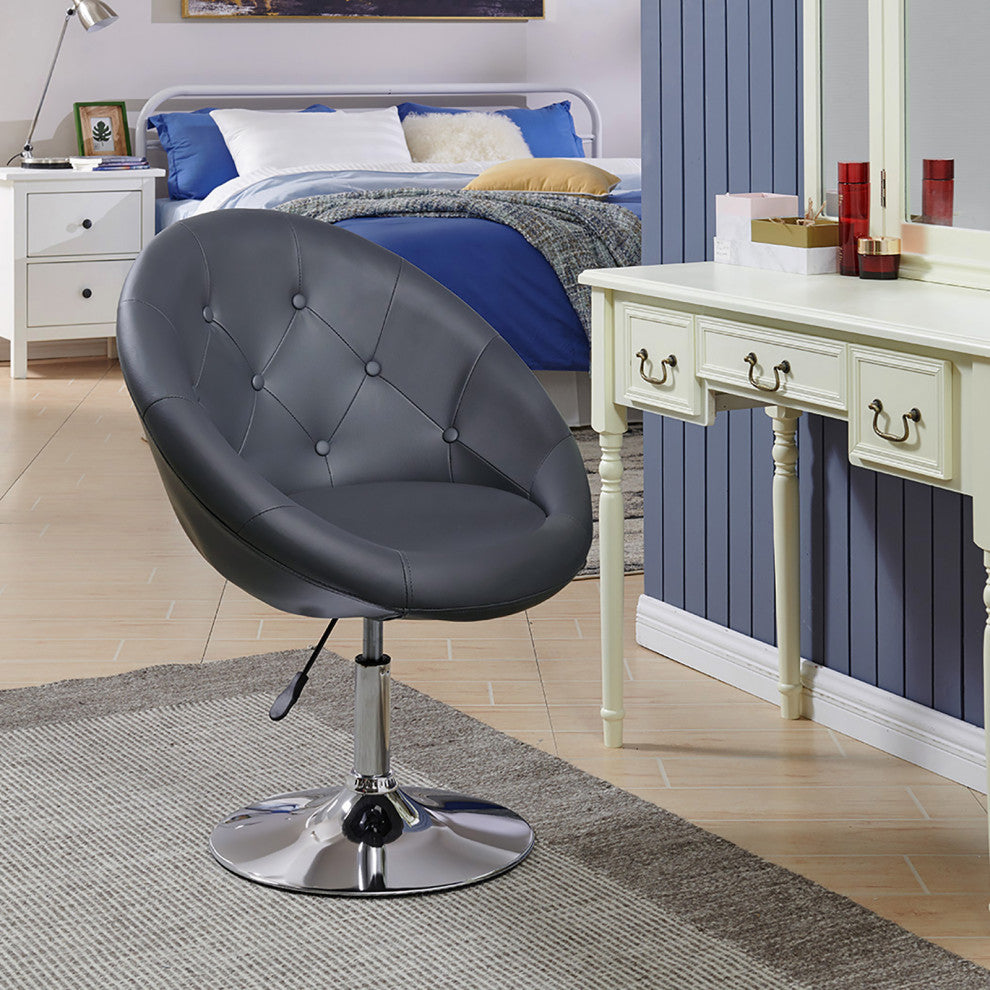 Button Tufted Swivel PU Leather Papasan Chair, Grey