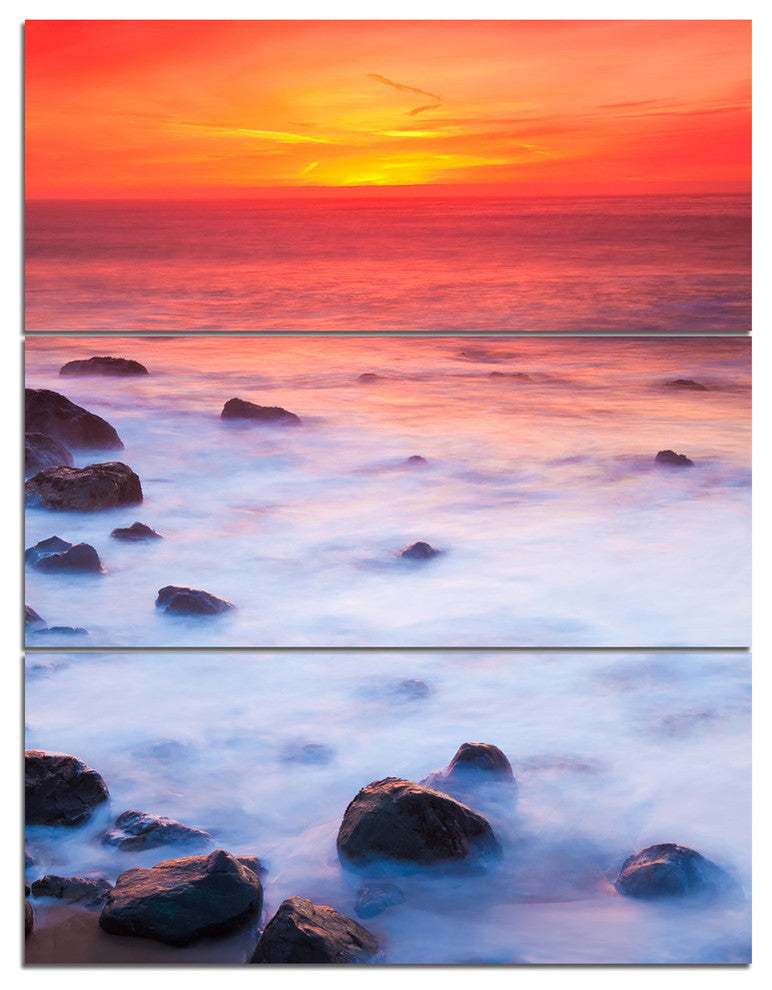 "Bright Red Rocky Coast Sunset" Metal Wall Art, 3 Panels, 28"x36"