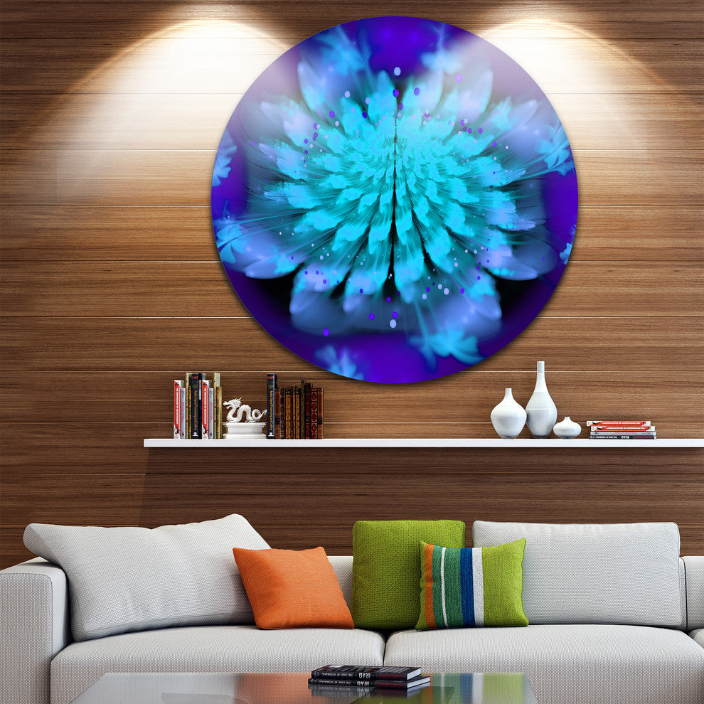 Fractal Blue Spread-Out Flower, Floral Art Round Metal Wall Art, 23"