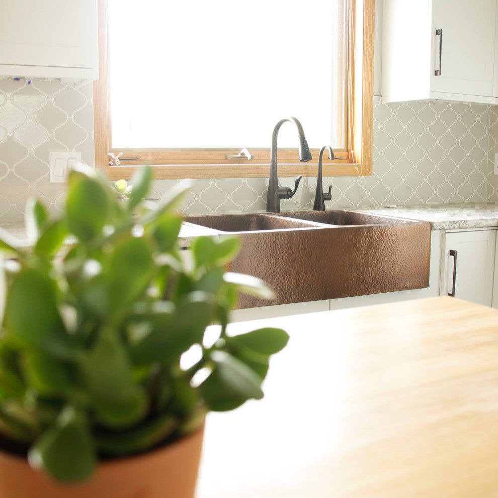 Lange Copper 32" Double Bowl Farmhouse Apron Front Undermount Kitchen Sink