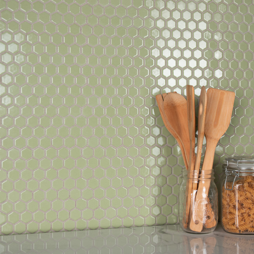 Metro 1" Hex Porcelain Mosaic Floor and Wall Tile, Glossy Olive