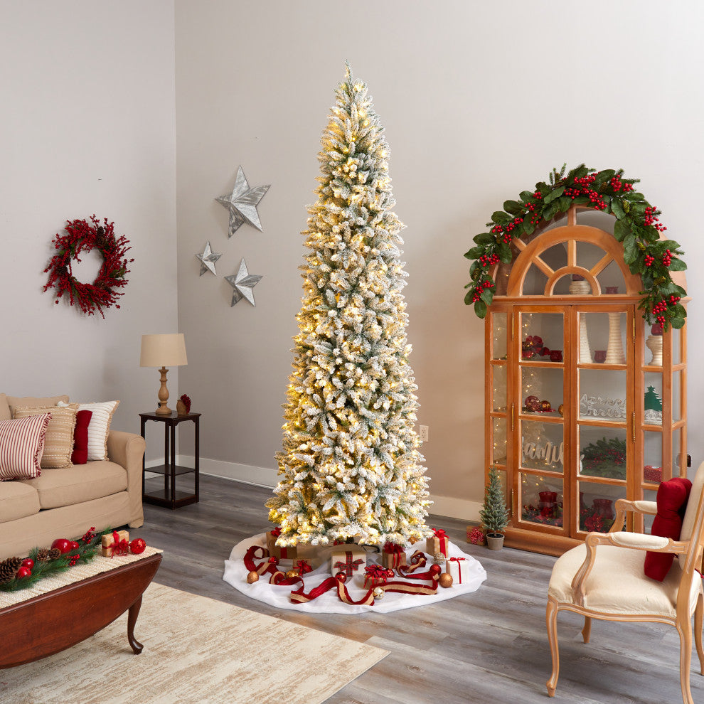 10' Slim Flocked Montreal Fir Artificial Christmas Tree, 800 White LED Lights