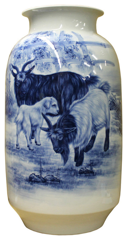 Chinese Blue White Handpainted San Yang Kai Tai Scenery Porcelain Vase cs2467