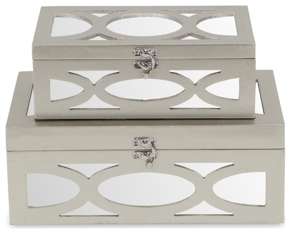 Set of Two Tan Oval Scroll Mirror Jewelry Storage Boxes