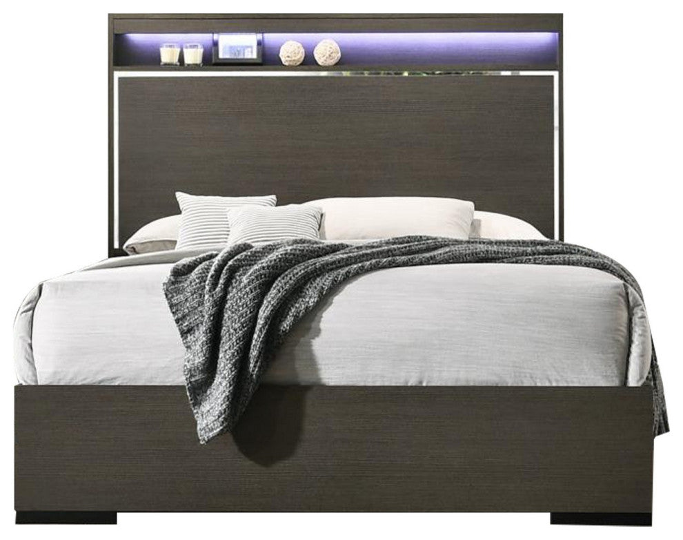 Benzara BM230684 Wooden Eastern King Bed With LED Storage Shelf, Gray