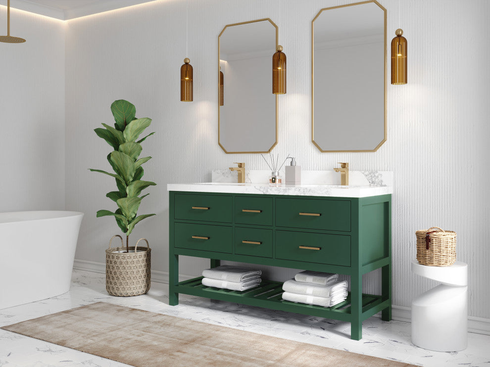 Parker 60 Double Sink Bathroom Vanity in Lafayette Green  2" White Quartz