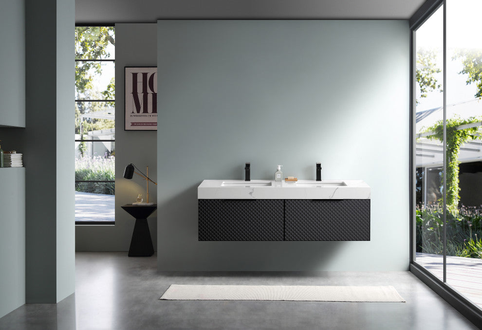Manarola with Thick Quartz Wall Mount Vanity, Black of Night, 72"