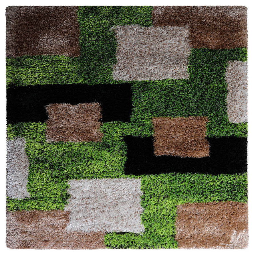 Hand Tufted Shag Polyester Area Rug Geometric Green Beige, [Square] 8'x8'