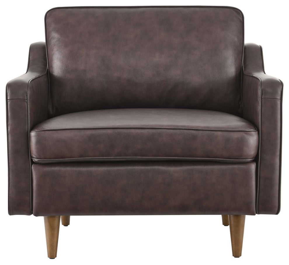 Armchair Accent Chair, Brown, Leather, French, Mid Century Hotel Lounge Cafe