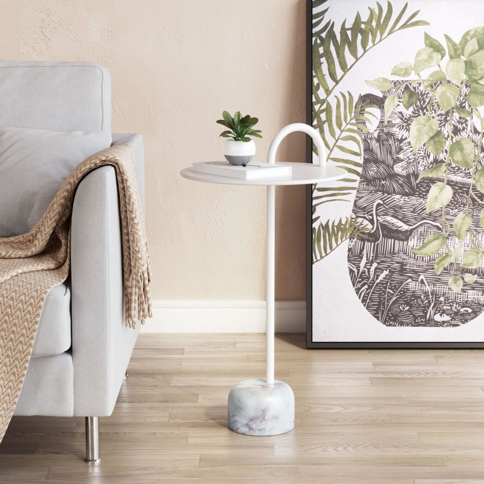 Sofa Side Table, Round, Artificial Marble, Iron Metal, White, Hospitality