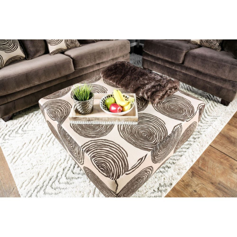 Fabric And Wooden Ottoman with Square Design, Brown