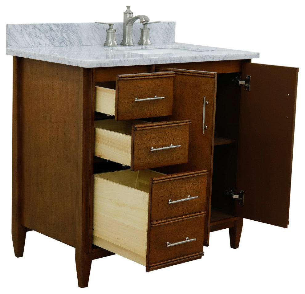 37" Single Vanity, Walnut Finish With White Carrara