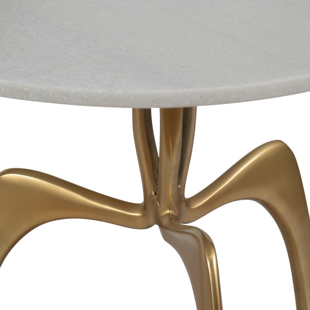 Metal 20" Accent Table With White Marble, Gold